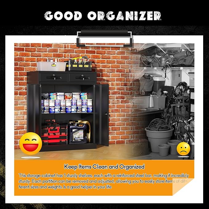 Greenvelly Metal Storage Cabinet with Drawers, 36' Black Steel Garage & Office Storage with Doors and Adjustable Shelves, Locking Metal Tool Cabinet-DeskLoop Office