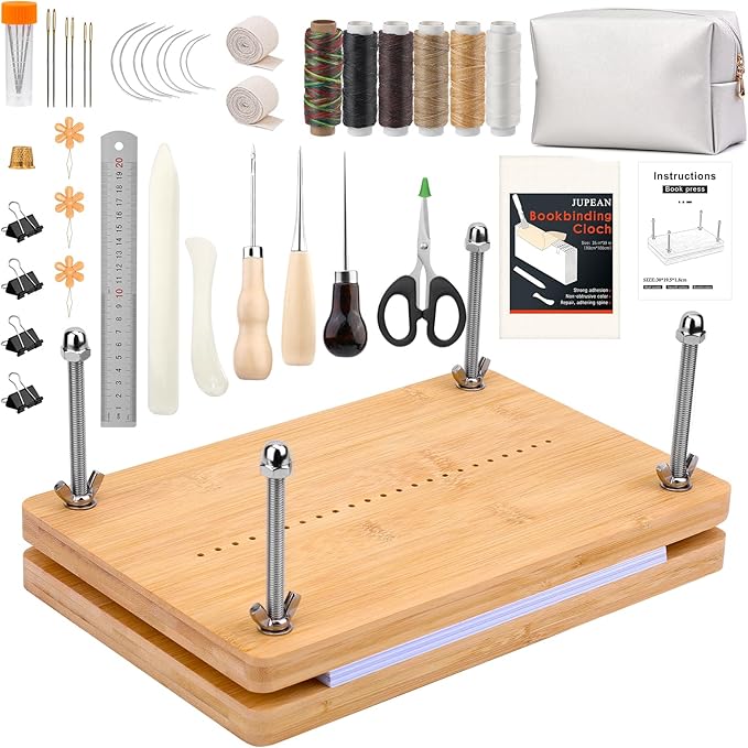 JUPEAN Bookbinding Kit, Book Making Kit, Bookbinding Punching Guide Set, 11.6”x7.9” Hole Punching Book Press Books Binding Materials with Bone Folder Awl Binding Strap for Craft DIY-DeskLoop Office