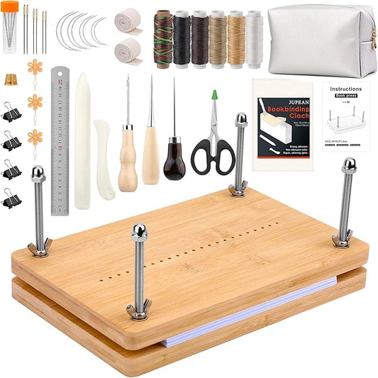 JUPEAN Bookbinding Kit, Book Making Kit, Bookbinding Punching Guide Set, 11.6”x7.9” Hole Punching Book Press Books Binding Materials with Bone Folder Awl Binding Strap for Craft DIY-DeskLoop Office