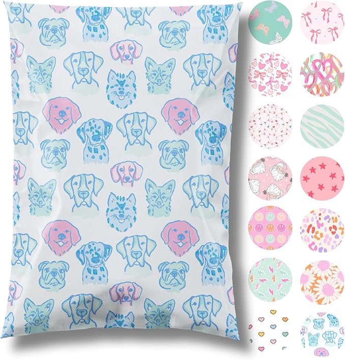 Pretty Package Store Designer Poly Mailers, Pretty Pups, 100 Pack | Heavy Duty by PrettyPackageStore
