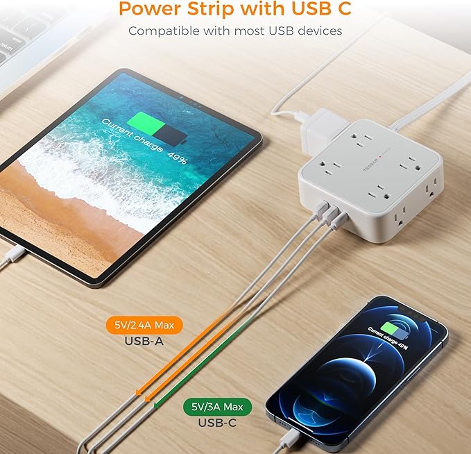 Flat Plug Long Extension Cord 25 Ft, TESSAN Power Strip Surge Protector with 8 Outlets 3 USB Ports (1 USB C), 900J Protection Desktop Charging Station for Home, Office, Dorm Room Essentials-DeskLoop Office