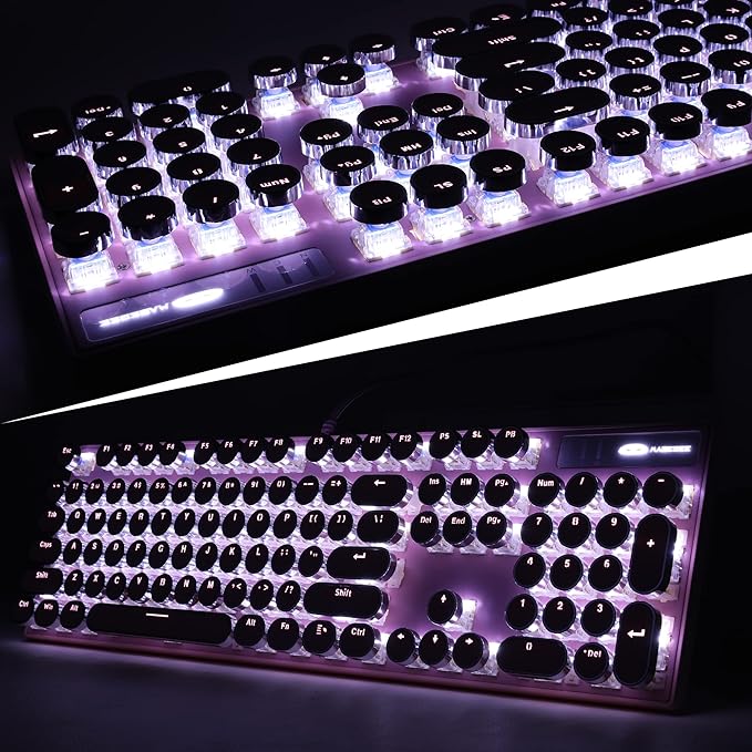 Camiysn Typewriter Style Mechanical Gaming Keyboard, Pink Retro Punk Gaming Keyboard with White Backlit, 104 Keys Blue Switch Wired Cute Keyboards, Round Keycaps for Windows/Mac/PC-DeskLoop Office