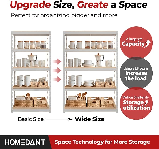 HOMEDANT 47.7" W 5 Tier Heavy Duty Garage Shelving Adjustable Metal Rack - Image 9