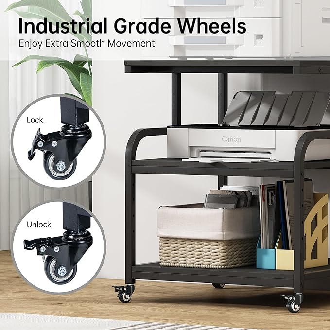 25.6" x 23.6" Extra Large Printer Stand Table with Adjustable Storage Shelf, 3 Tier Rolling Printer Cart with Industrial Wheels for Home Office, Black-DeskLoop Office