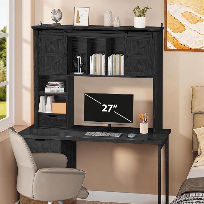 Large Desktop Bookshelf with Sliding Barn Door, 47.2''W Desk Shelf Display Rack - Image 3