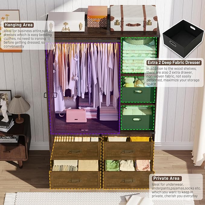 Farmhouse 3 Doors Armoire Wardrobe Closet w/Folding Sliding Barn Door and Lights, LED Armoire Closet w/Drawers for Bedroom, Freestanding Wooden Wardrobe Storage Closets w/Hanging Rod,Rustic Brown-DeskLoop Office
