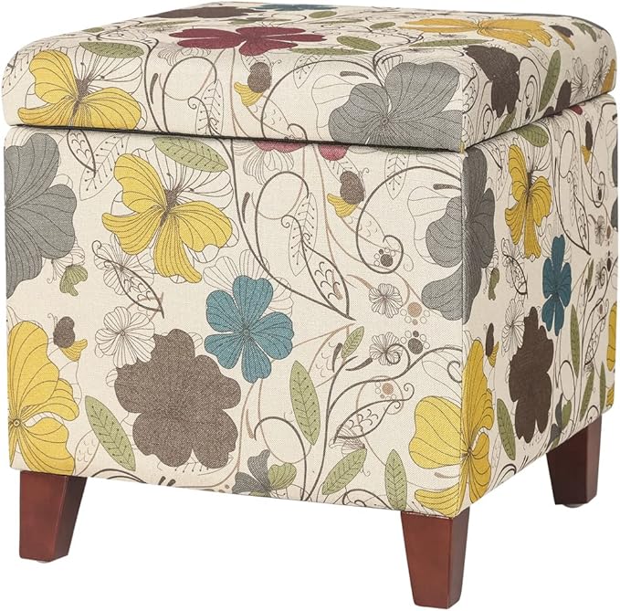 Adeco 18 Inch High Cube Ottoman Storage, Floral Printed Linen Chair Foot Stools, Upholstered Vanity Stool with Hinged Lid, Solid Wood Legs-DeskLoop Office