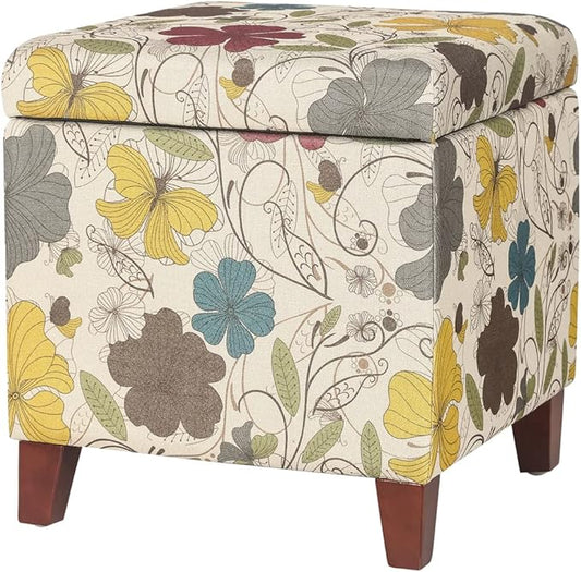 Adeco 18 Inch High Cube Ottoman Storage, Floral Printed Linen Chair Foot Stools, Upholstered Vanity Stool with Hinged Lid, Solid Wood Legs-DeskLoop Office