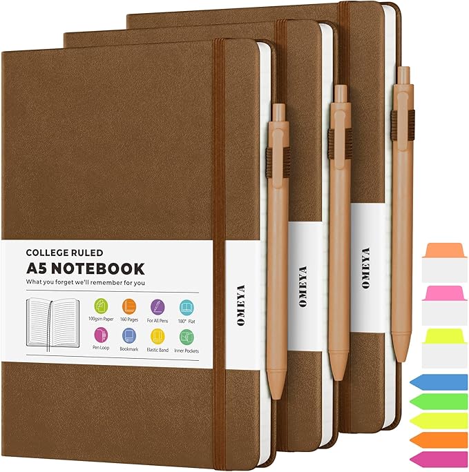 Lined Journal Notebook, 3 Pack A5 College Ruled Notebooks for Work, Hardcover Notebook Each with 2 Pockets & Pen, Leather Journal for Women, Men, 160 Pages, 100GSM Thick Paper ( Brown 5.7" x 8.3" )-DeskLoop Office