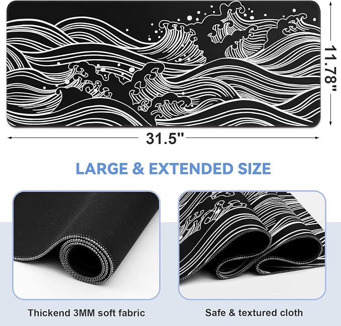 DIGSOM Gaming Mouse Pad Black and White Sea Wave Pattern, 31.5 x 11.8in | XL - Image 2