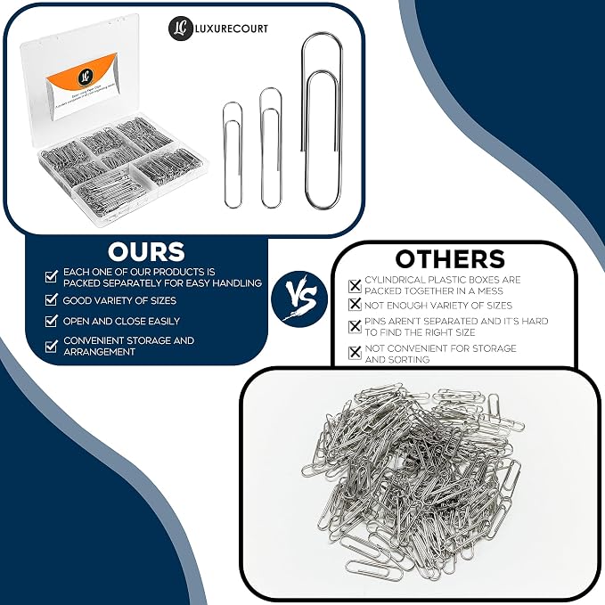 500 Pack Paper Clips by Luxurecourt 3 Assorted Sizes Silver Small & Large | - Image 6