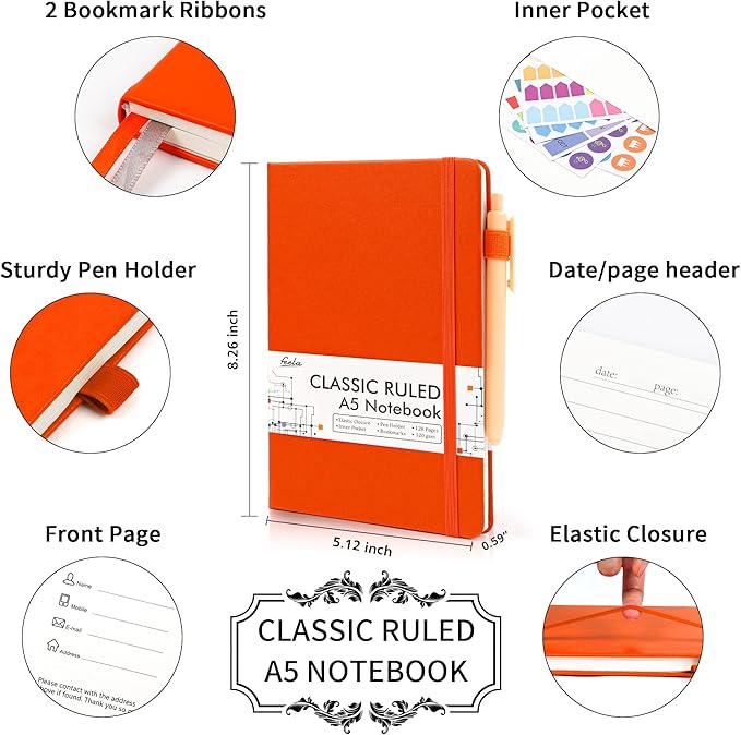 feela 24 Pack Journal Notebook for Work, Business Notebook Bulk Hardcover Lined Writing Journal with Pen Holder for Men Women Note Taking, with 24 Black Pens, 120 GSM, 5.1”x8.3”, A5, Orange-DeskLoop Office