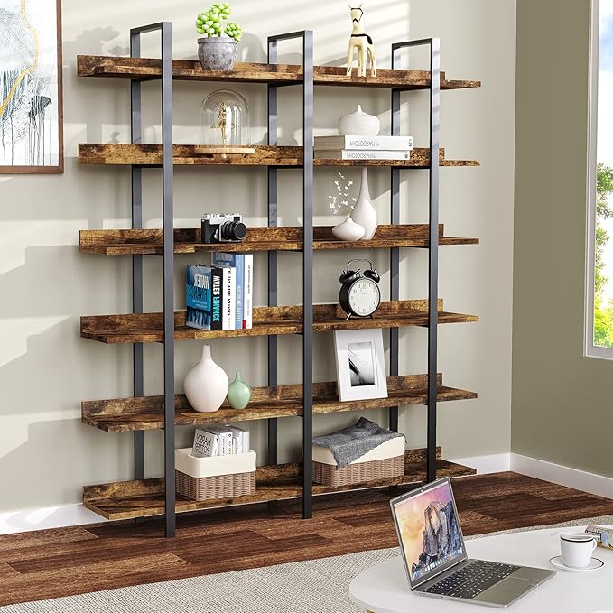 FRAPOW 83Inch Industrial Bookshelf and Bookcase, Double Wide 6 Tier Large Vintage Book Shelf with Metal Frame Open Bookshelves for Living Room Home Office-DeskLoop Office