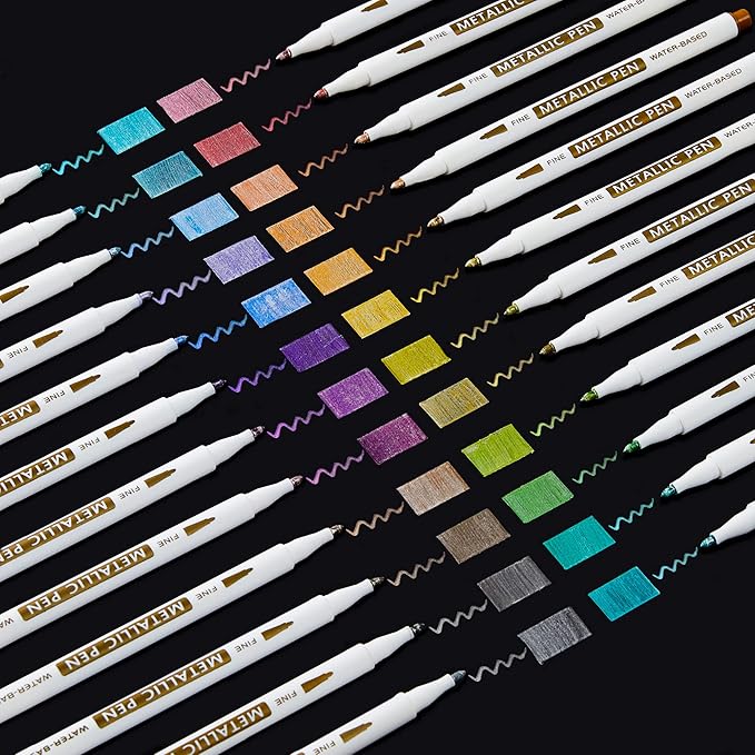 Shuttle Art Metallic Marker Pens, 24 Colors Metallic Paint Markers Fine Point for DIY Card, Calligraphy, Art and Crafting Projects, Works Great on Black Paper, Scrapbooks, Fabric, Rock.-DeskLoop Office