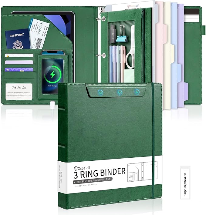 Ospelelf Green Leather 3 Ring Binder 1 Inch Round Ring, Magnetic Clipboard Folio by OspelelfOfficeSupplies