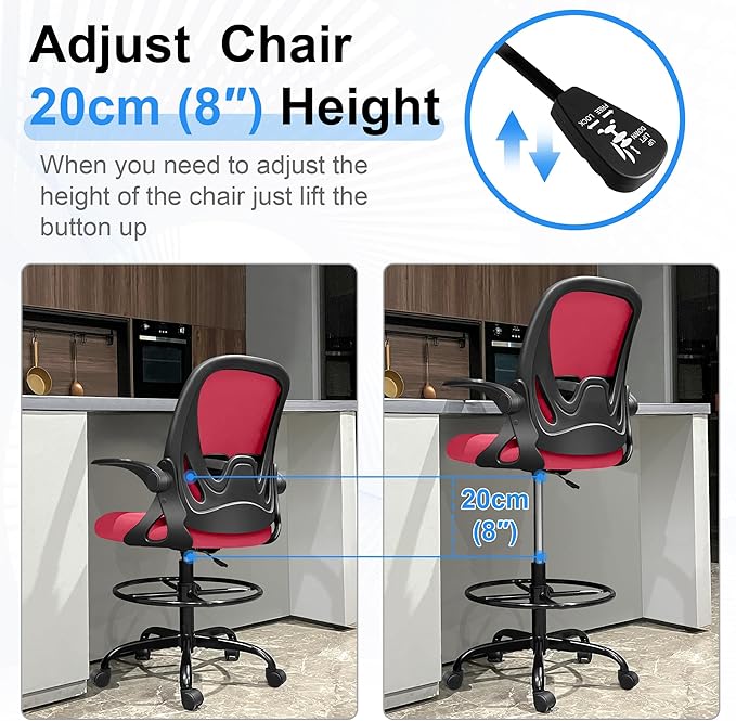 Primy Drafting Chair Tall Office Chair with Flip-up Armrests Executive Ergonomic Computer Standing Desk Chair with Lumbar Support and Adjustable Footrest Ring (Fire Brick)-DeskLoop Office
