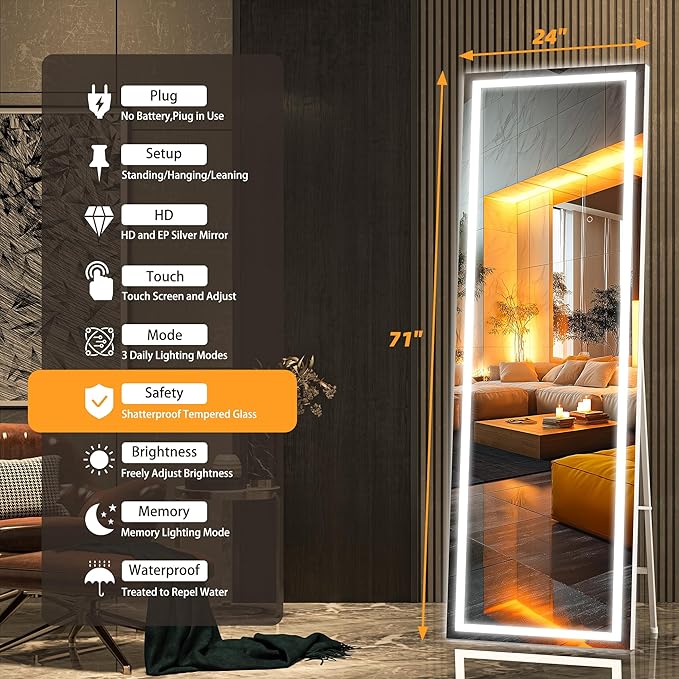 Hasipu Full Length Mirror with Lights, 71" x 24" LED Lighted Floor Standing, Full Body Dressing Hanging Mounted Mirror, Dimmable, Tempered Glass, Safe to Use, Square White-DeskLoop Office