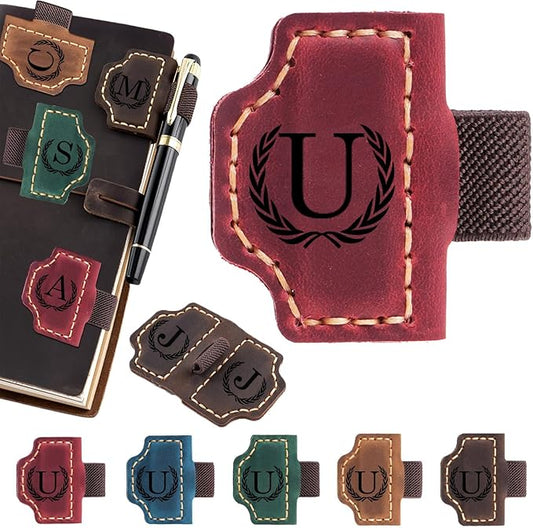 Artlaza Personalized Magnetic Leather Bookmark with Pen Holder - 26 Letters Custom Book Mark with Name Initial Engraved Book Marker for Readers, Book Lovers, Travelers - Gift for Women & Men(Red，U