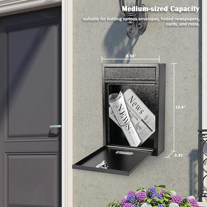 KYODOLED Key Lock MailBoxes for Outside, Locking Wall Mount Mailbox, Security Key Drop Box for Letters Newspapers, Cards, 12.4H x 8.54L x 3.35W Inches, Black-DeskLoop Office