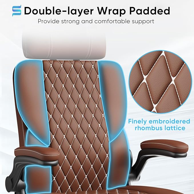 Sytas Executive Leather Office Chair, Comfy Desk Chair with Adjustable Headrest & Flip-up Padded Arms & Lumbar Support, Adjustable Hight and Tilt, Rolling Swivel, Brown-DeskLoop Office
