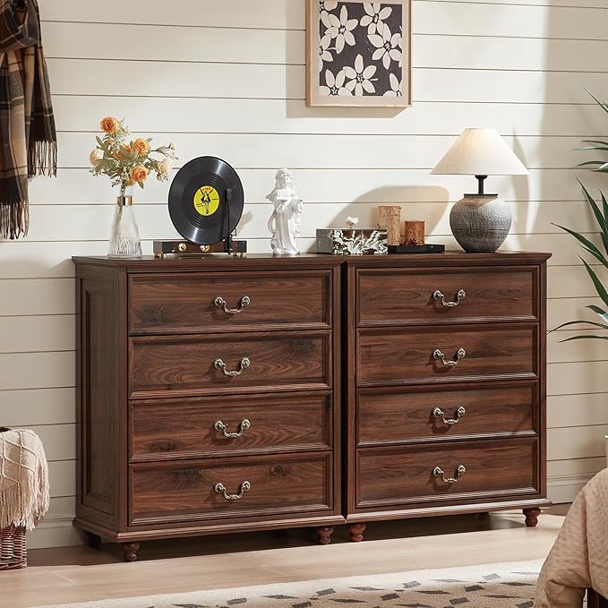 Farmhouse 4 Drawer Dresser Set of 2 for Bedroom, 37" Tall Rustic Chests of Drawers w/ 4 Solid Wood Feet, Mid Century Vintage Wooden Closet Storage Dressers Organizer for Living Room, Brown-DeskLoop Office