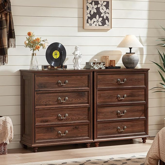Farmhouse 4 Drawer Dresser Set of 2 for Bedroom, 37" Tall Rustic Chests of Drawers w/ 4 Solid Wood Feet, Mid Century Vintage Wooden Closet Storage Dressers Organizer for Living Room, Brown-DeskLoop Office
