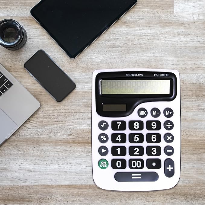 12 Digit Desktop Calculator with Large LCD Display and Sensitive Button, Dual Solar Power and Battery, Standard Function for Office (YE8898)-DeskLoop Office