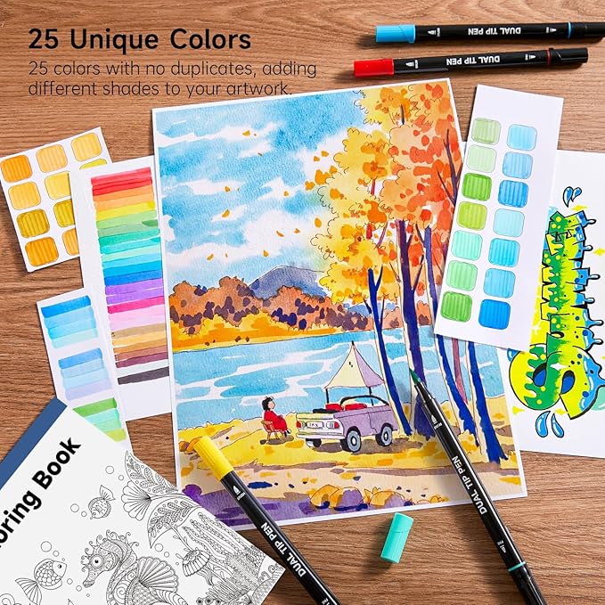 Shuttle Art Dual Tip Brush Marker Pens, 25 Colors Water-based Ink, Fine and Brush Tip Marker Set with 1 Coloring Book for Kids Adult Artist Calligraphy Hand Lettering Journal Doodling Writing-DeskLoop Office