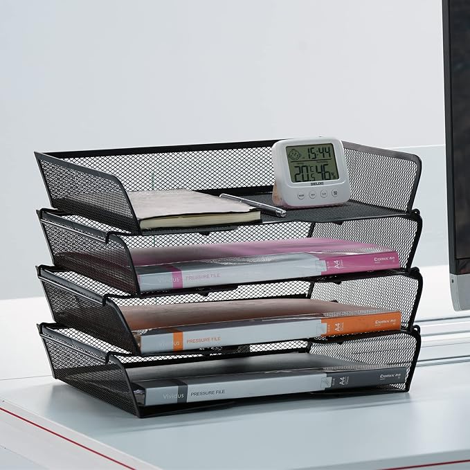 4 Tier Mesh Stackable File Trays Letter Trays, Office Paper Organizer - Image 5