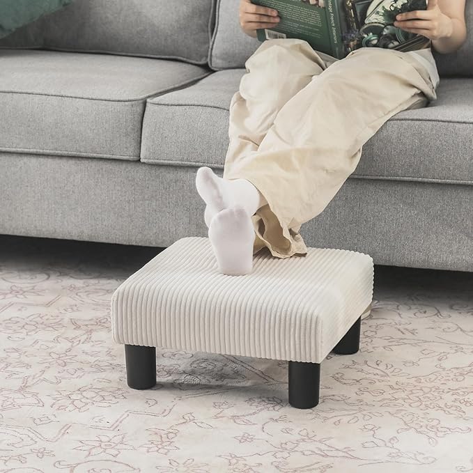 Joveco Small Foot Stool Ottoman, Corduroy Square Footstool Upholstered Footrest Foot Rest for Chair, Under Desk, Office, Living Room, Thick Stripes White-DeskLoop Office