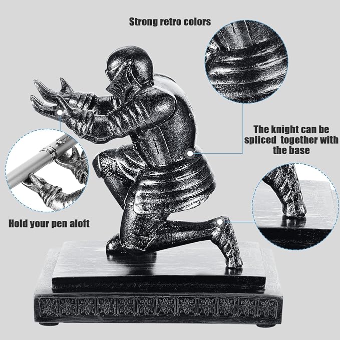 Spakon Knight Pen Holder with 2 Pens Resin Desk Organizers and Accessories Funny Executive Pen Stand Fancy Cool Office Gadgets Cool Desk Decorations for Men Home Supplies(Classic,Iron)-DeskLoop Office