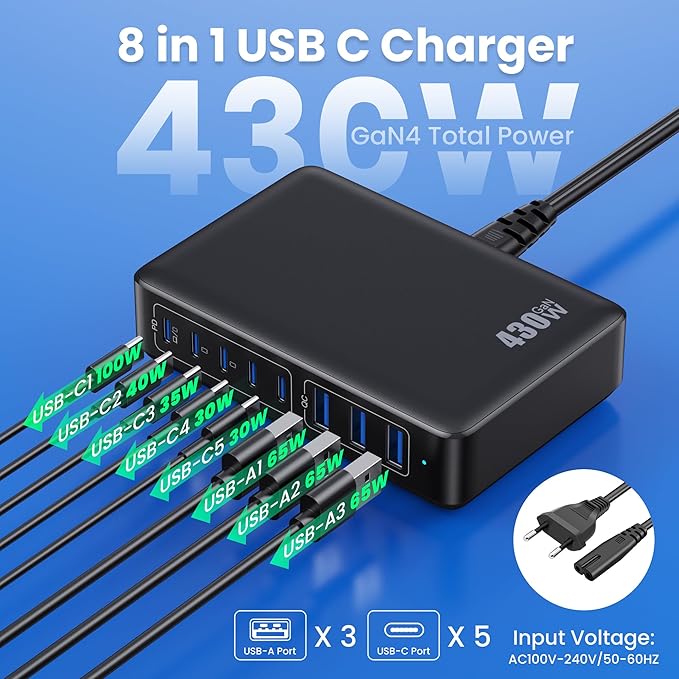 USB C Charger 430W USB C Charger Block 8-Ports GaN IV Fast Charging Station,PD 100W Laptop Charging Hub Wall Adapter Compatible with MacBook/Air,DELL,Steam Desk,iPhone 16/15/14,Galaxy S24 etc-DeskLoop Office