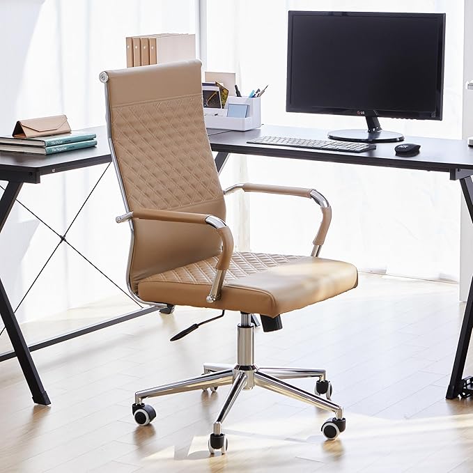 Livinia Modern Executive Office Chair with Patterned Back Design, Chrome & Leather Swivel Chair with High Back, Adjustable Height, Removable Armrests, and Wheels for Home Office (Brown(Chrome))-DeskLoop Office