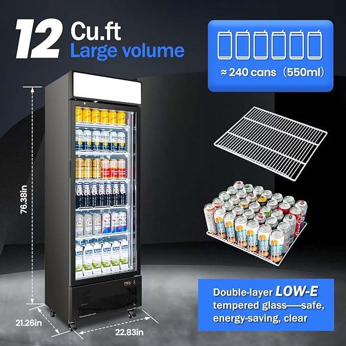 Commercial Display Refrigerator with Glass Door 12 Cu.ft Merchandiser Beverage Cooler Bar Black Drink Fridge for Convenience Stores, Supermarkets,Bars,Offices-DeskLoop Office