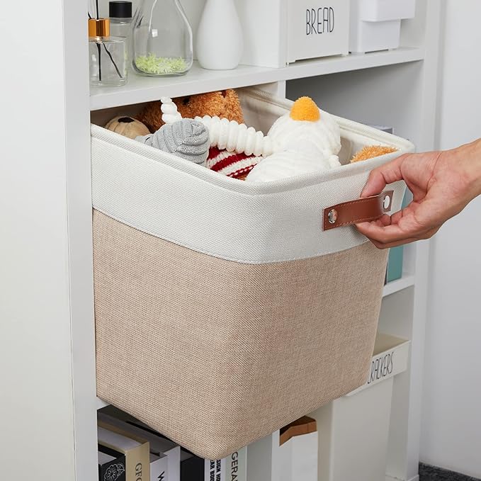 DULLEMELO Fabric Storage Cubes,13 inch Cube Stroage Bins for Empty Gift Basket,Toy Nursery Storage Linen Closet Organizers and Storage Baskets Shelves Bins(White&Khaki)-DeskLoop Office