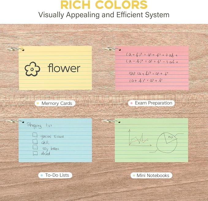 Colored 3x5 Index Cards with Rings, Goefun Ruled Flashcards 200Pcs, 4 Color - Image 3