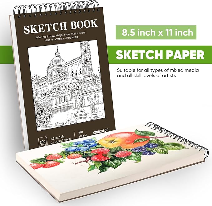 Soucolor Sketchbook 8.5x11 Hard Cover - 100 Sheets Spiral Bound Sketch Pad 8.5" x 11", 68lb/100gsm Thick Drawing Paper 8.5" x 11", Acid-Free Art Notebook for Kids Adults Classroom Teacher Must Have-DeskLoop Office