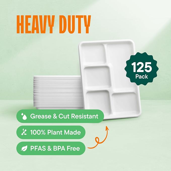 100% Compostable Paper Plate 125-Pack 5-Compartment Bagasse School Lunch Tray - Image 3