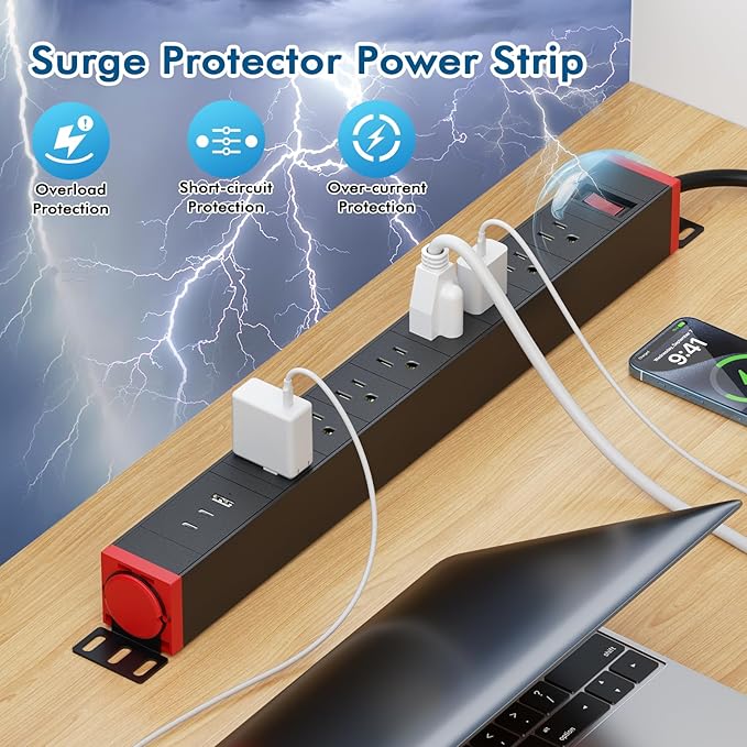 360° Rotating Mountable Power Strip with USB Ports, 8 Outlet Surge Protector Power Strips Wall Mount, Metal Heavy Duty Versatile Outlet with 6FT Power Cord,For Home Office Industrial Garage Commercial-DeskLoop Office