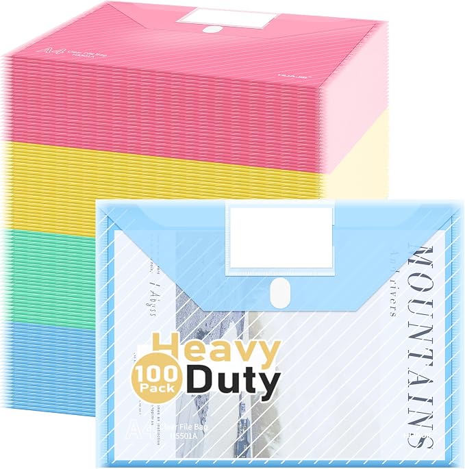 100 Pack, Plastic Envelopes File Folders, HeavyDuty Document Folder by WORPSON
