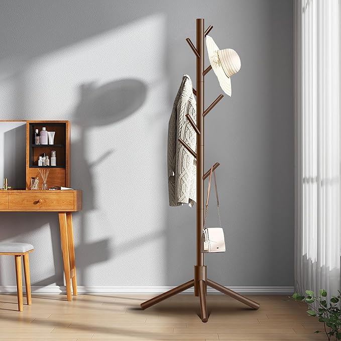 Wooden Coat Rack, Free Standing Coat Rack with 8 Hooks 3 Adjustable Heights for Clothes, Hats, Handbags, Coat Tree Easy Assembly for Entryway, Bedroom, Hallway, Office(2PCS)-DeskLoop Office