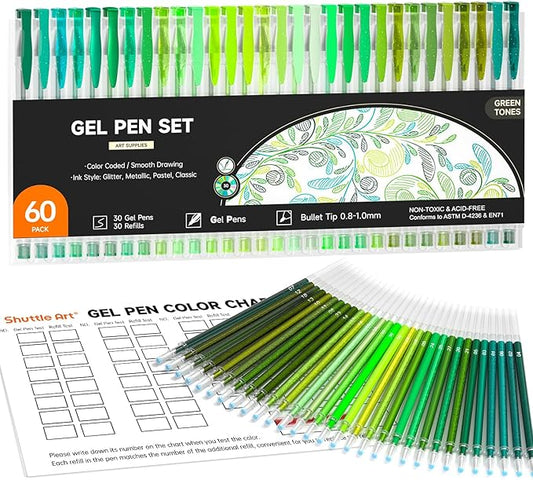 Shuttle Art 60 Pack Green Tone Gel Pens, 30 Green Tone Gel Pens with 30 Refills for Adults Coloring Books Journaling Drawing Nature, Landscapes, Animals Scenes-DeskLoop Office