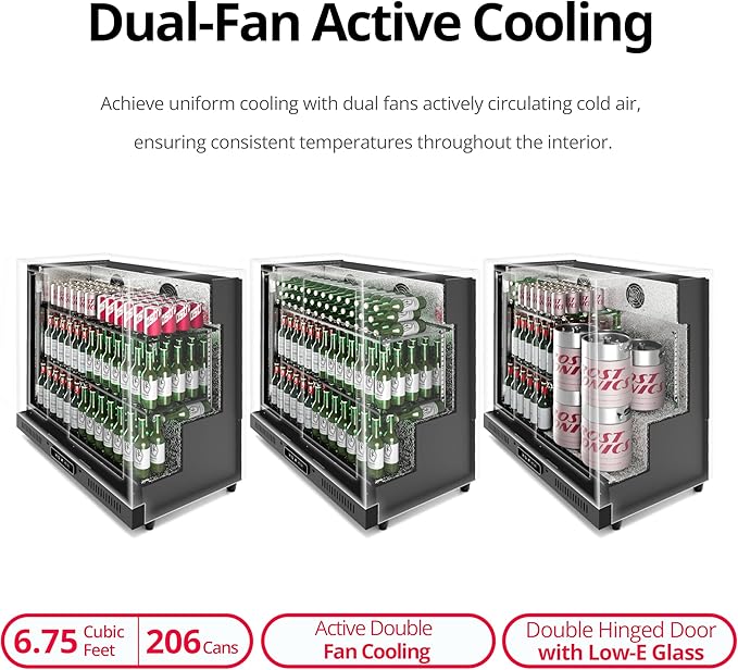 36 inch 206 cans Duo Hinged Door Back Bar Beverage Cooler, 6.75 cu. ft. Under Counter Glass Door Bar Fridge with hinged doors, lockable, 32-50°F Display Refrigerator, ETL Certified, Black-DeskLoop Office