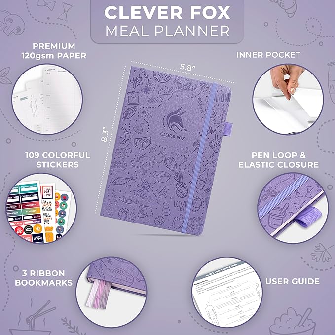 Clever Fox Weekly Meal Planner - Weekly & Daily Meal Prep Journal with Shopping and Grocery Lists for Menu Planning, Healthy Diet & Weight Loss Tracking, Lasts 1 Year, Undated, A5 - Lavender-DeskLoop Office
