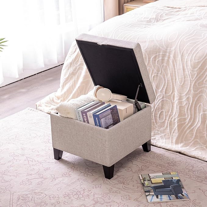 Adeco 18 Inch High Cube Ottoman Storage, Linen Chair Foot Stools, Upholstered Vanity Stool with Hinged Lid, Solid Wood Legs (Beige Grey)-DeskLoop Office