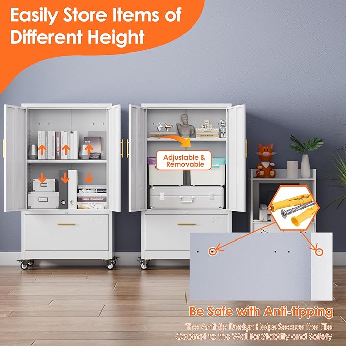 Aobabo Metal 1 Drawer Office File Cabinet with Lock and 2 Doors, Office Steel Files Cabinet with Wheels, Legal/Letter A4 Size, Assembly Required, White-DeskLoop Office