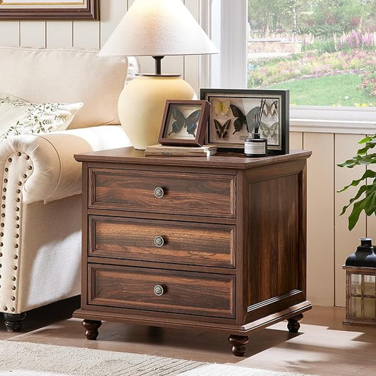 24" Wide Farmhouse Night Stand,Large End Table with 3 Drawers & Metal Handle,Wood Dresser for Bedroom Cabinet, Bed Side Table Chest of Drawers,Brown Nightstand for Living Room,Close-DeskLoop Office