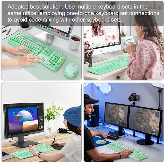 FOPETT Wireless Keyboard and Mouse Combo - 2.4G Full-Sized Cute Colorful Retro Keyboard with Round Keycaps 104 Keys Typewriter Keyboard for Laptop/Windows/PC-Green Colorful-DeskLoop Office