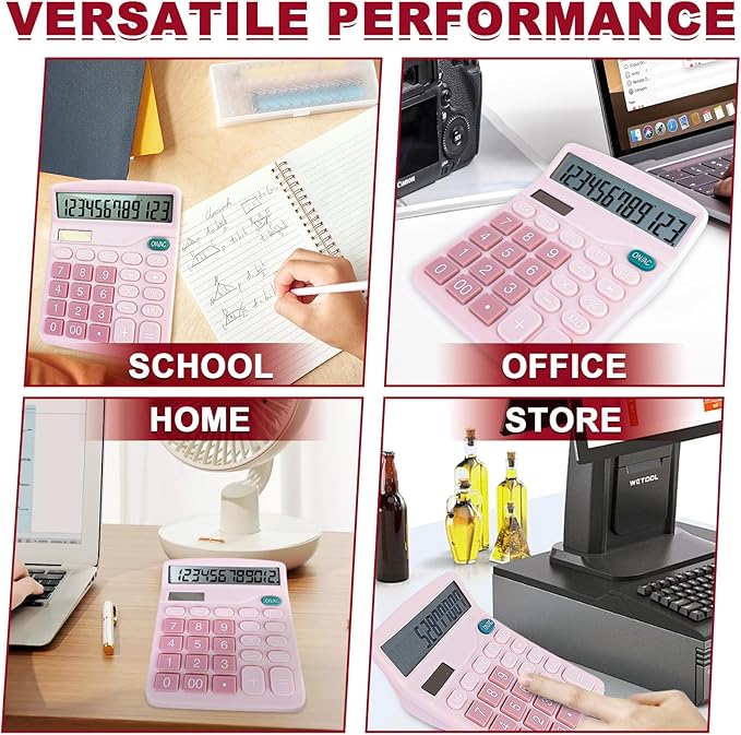Basic Calculator with Comfortable Large LCD Display, 12 Digits Calculators Desktop, Tilt Screen, Big Button, Desk Calculator with Dual Power (Solar & Battery Included) (Pink)-DeskLoop Office