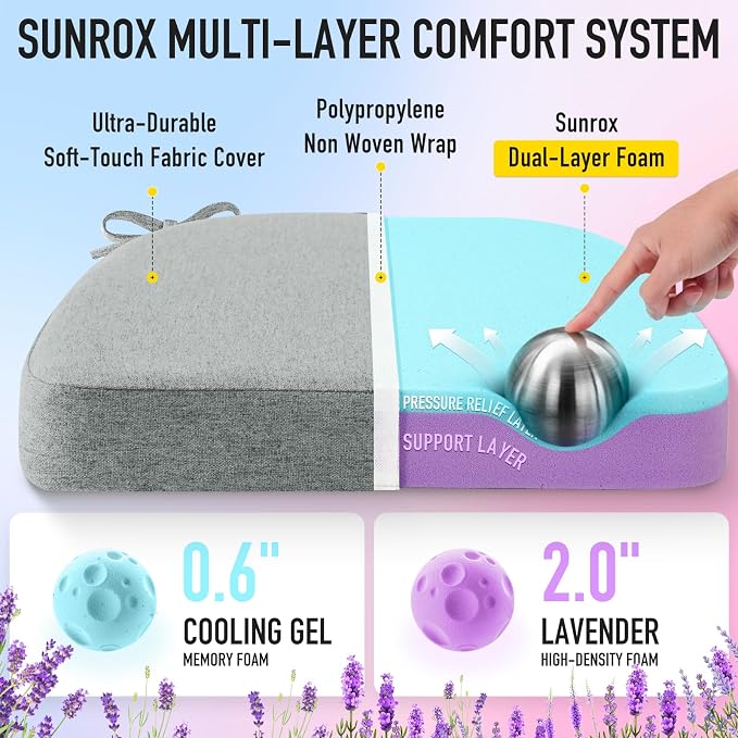 SUNROX Cooling Gel Memory Foam Chair Cushions, 2.6" Thick U-Shaped Dual-Layer - Image 2